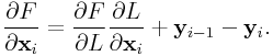 \frac{\partial F}{\partial{\bf x}_{i}}=\frac{\partial F}{\partial L}\frac{\partial L}{\partial{\bf x}_{i}}+{\bf y}_{{i-1}}-{\bf y}_{i}.