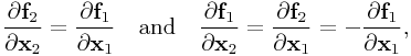 \frac{\partial{\bf f}_{2}}{\partial{\bf x}_{2}}=\frac{\partial{\bf f}_{1}}{\partial{\bf x}_{1}}\quad\text{and}\quad\frac{\partial{\bf f}_{1}}{\partial{\bf x}_{2}}=\frac{\partial{\bf f}_{2}}{\partial{\bf x}_{1}}=-\frac{\partial{\bf f}_{1}}{\partial{\bf x}_{1}},