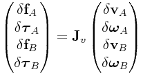 \left(\begin{matrix}\delta{\bf f}_{A}\\
\delta\boldsymbol{\tau}_{A}\\
\delta{\bf f}_{B}\\
\delta\boldsymbol{\tau}_{B}\end{matrix}\right)={\bf J}_{{v}}\left(\begin{matrix}\delta{\bf v}_{A}\\
\delta\boldsymbol{\omega}_{A}\\
\delta{\bf v}_{B}\\
\delta\boldsymbol{\omega}_{B}\end{matrix}\right)