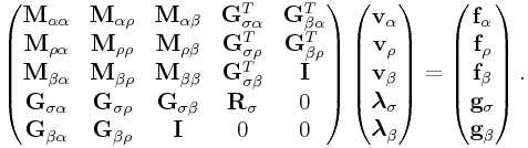 \left(\begin{matrix}{\bf M}_{{\alpha\alpha}}&{\bf M}_{{\alpha\rho}}&{\bf M}_{{\alpha\beta}}&{\bf G}_{{\sigma\alpha}}^{T}&{\bf G}_{{\beta\alpha}}^{T}\\
{\bf M}_{{\rho\alpha}}&{\bf M}_{{\rho\rho}}&{\bf M}_{{\rho\beta}}&{\bf G}_{{\sigma\rho}}^{T}&{\bf G}_{{\beta\rho}}^{T}\\
{\bf M}_{{\beta\alpha}}&{\bf M}_{{\beta\rho}}&{\bf M}_{{\beta\beta}}&{\bf G}_{{\sigma\beta}}^{T}&{\bf I}\\
{\bf G}_{{\sigma\alpha}}&{\bf G}_{{\sigma\rho}}&{\bf G}_{{\sigma\beta}}&{\bf R}_{{\sigma}}&0\\
{\bf G}_{{\beta\alpha}}&{\bf G}_{{\beta\rho}}&{\bf I}&0&0\\
\end{matrix}\right)\left(\begin{matrix}{\bf v}_{{\alpha}}\\
{\bf v}_{{\rho}}\\
{\bf v}_{{\beta}}\\
\boldsymbol{\lambda}_{{\sigma}}\\
\boldsymbol{\lambda}_{{\beta}}\end{matrix}\right)=\left(\begin{matrix}{\bf f}_{{\alpha}}\\
{\bf f}_{{\rho}}\\
{\bf f}_{{\beta}}\\
{\bf g}_{{\sigma}}\\
{\bf g}_{{\beta}}\end{matrix}\right).