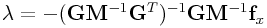 {\bf\lambda}=-({\bf G}{\bf M}^{{-1}}{\bf G}^{T})^{{-1}}{\bf G}{\bf M}^{{-1}}{\bf f}_{x}